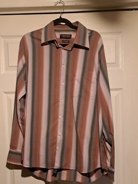 Mens Striped Button-Up Shirt in Pink and Gray Ton.\nEd long sleeve dress shirt